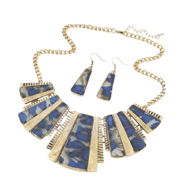 Bohemian Bib Necklace & Earrings Set Gold Chain Blue Printed Resin Alloy - Picture 1 of 6